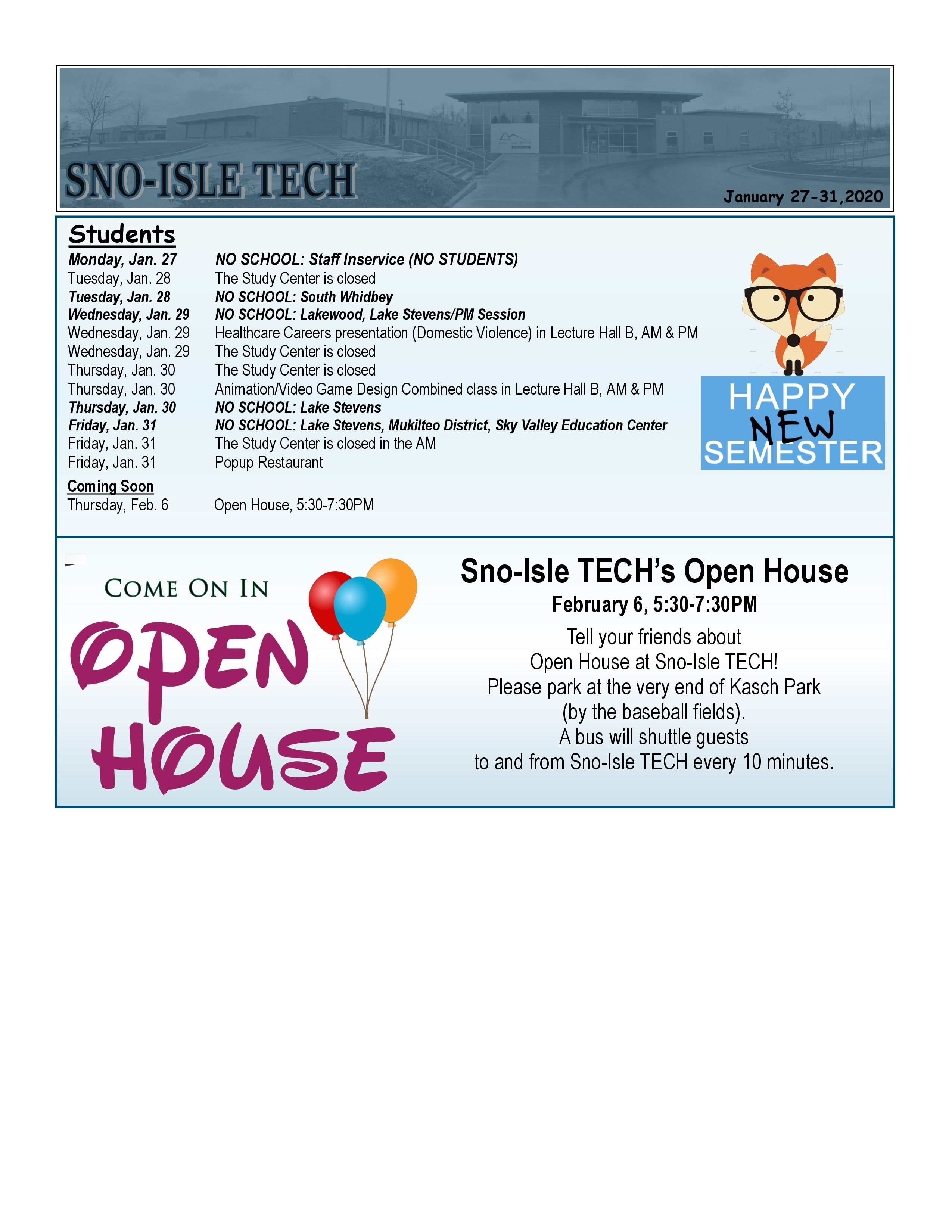 Sno-Isle TECH Student Bulletin Jan. 27-31, 2020