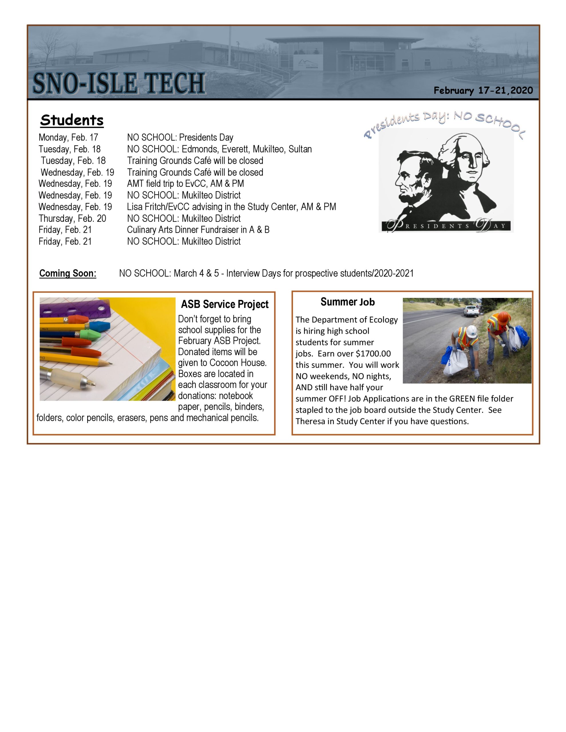 Sno-Isle TECH Student Bulletin Feb. 17-21